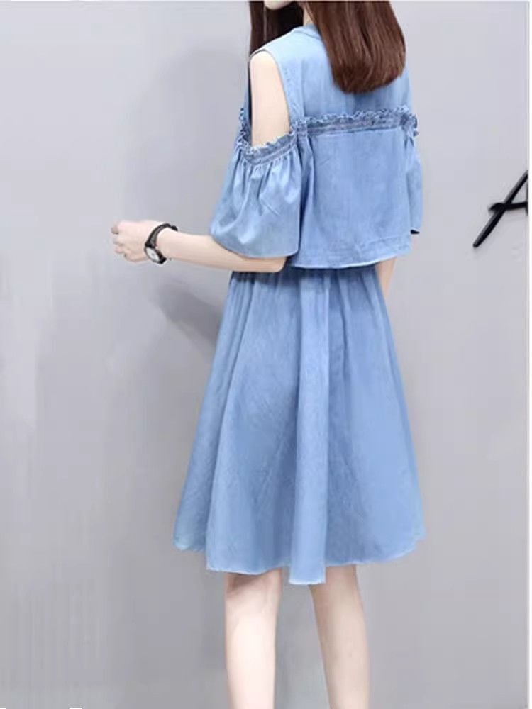 超人気 ファッション レイヤード風 切り替え デニム 半袖ワンピースins-8352