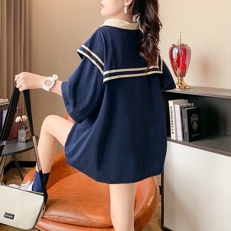 絶対欲しい セーラーカラー ロング Tシャツ 三色 ゆったりワンピースins-4028