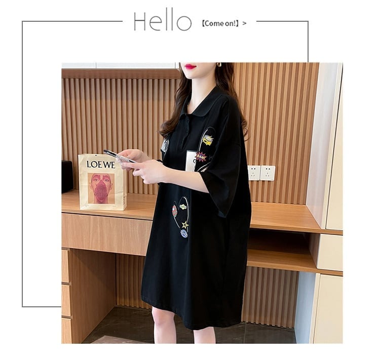 POLOネック ストライプ柄 切り替え ロング Tシャツ ゆったりワンピース ins-3031