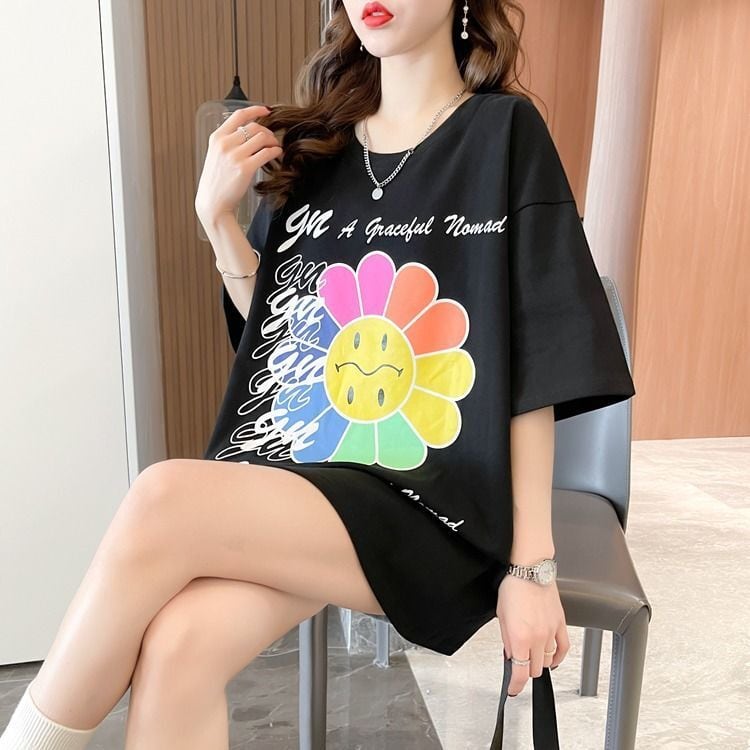 今季マストバイキュート プリント ゆったり 2色 半袖Tシャツins-8489