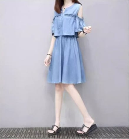 超人気 ファッション レイヤード風 切り替え デニム 半袖ワンピースins-8352