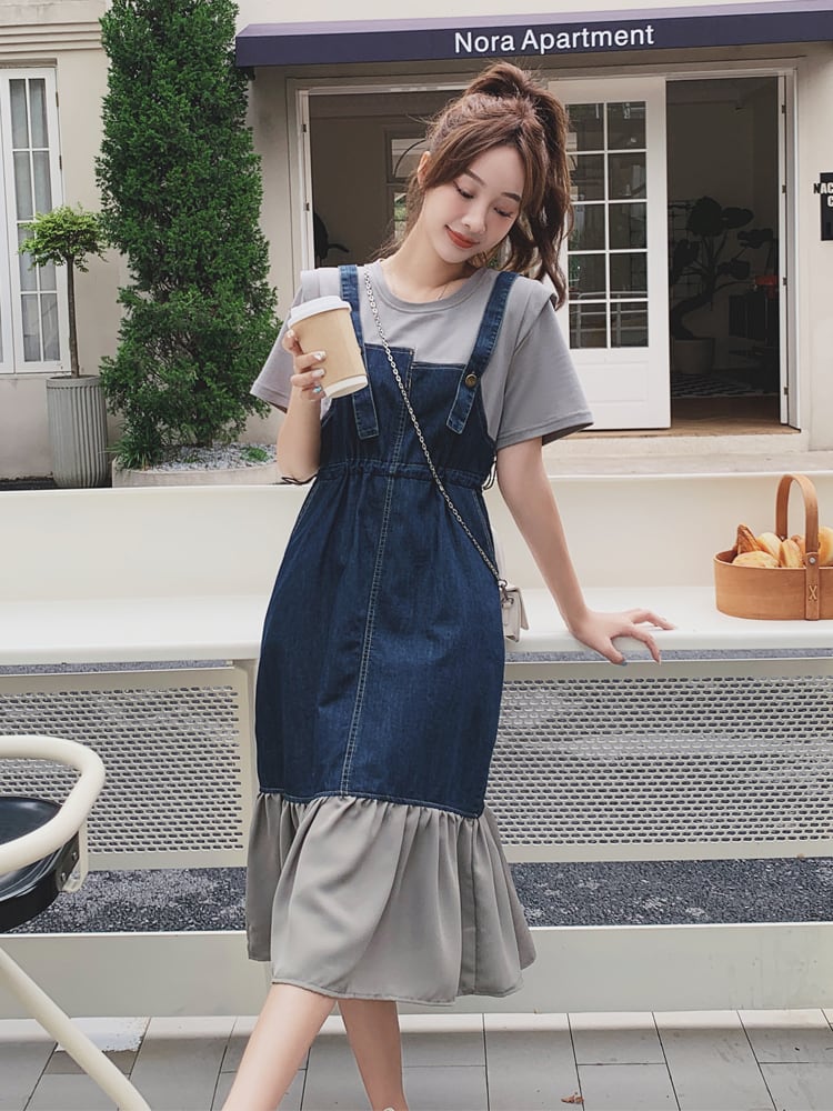 美人度アップ レイヤード風 デニム 半袖ワンピースins-8323