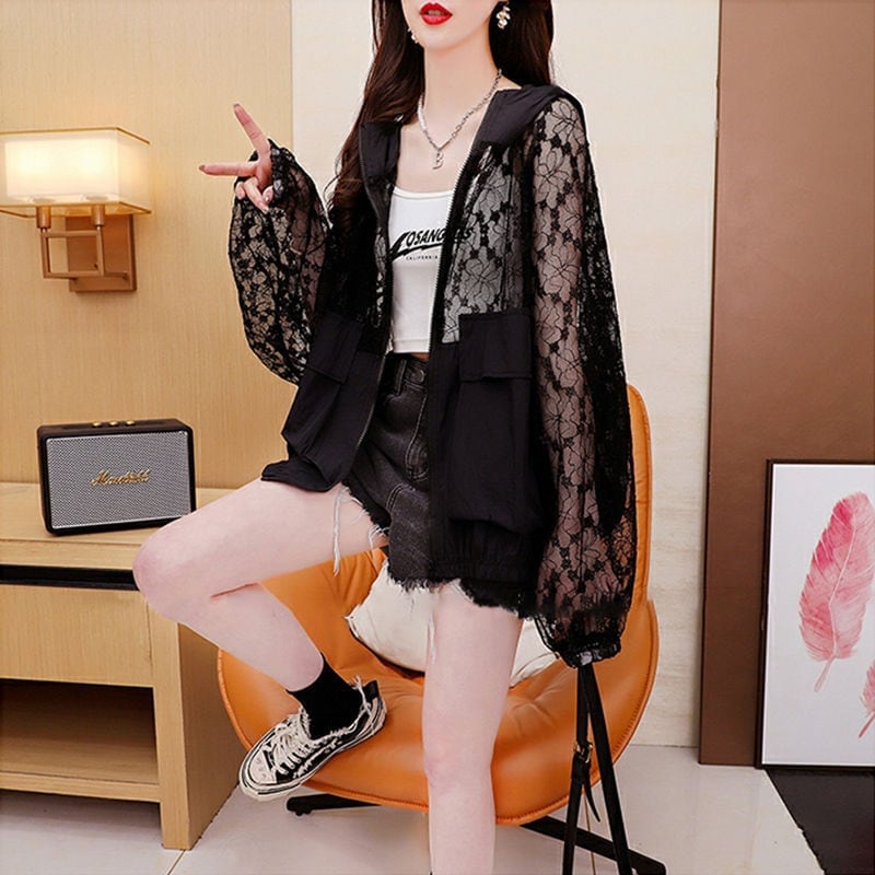 超人気 透け感 UVカット UV対策 長袖レース刺繍シャツ ins-4957