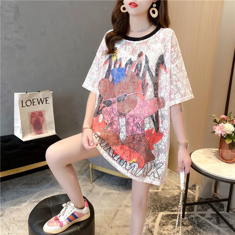 売り切れ必至 ファッション レース 透かし彫り プリント 半袖Tシャツ カットソー ins-8597