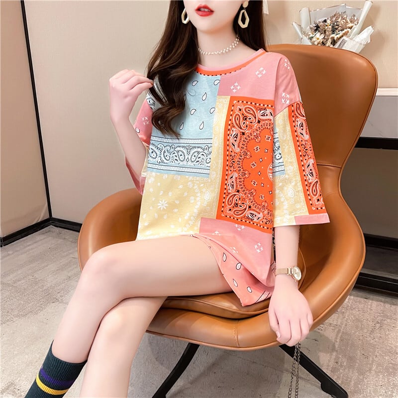 超人気商品 ラウンドネック 半袖 切り替え Tシャツ ワンピース ins-8637