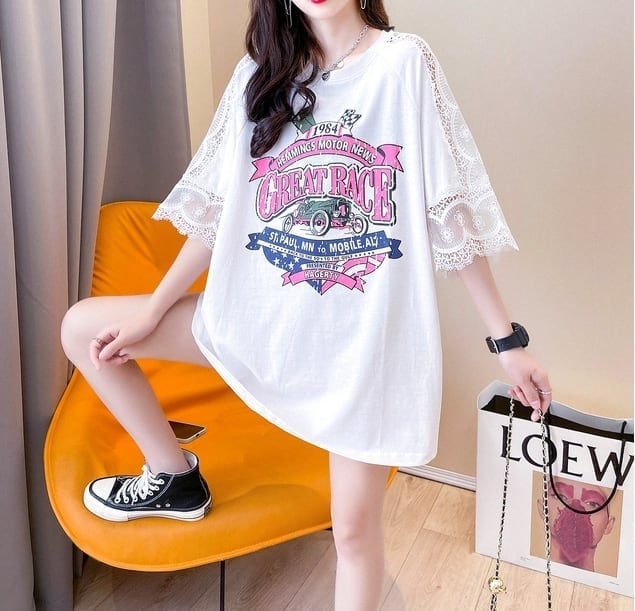 新作 ロング プリントTシャツ 半袖 ピンクins-2810