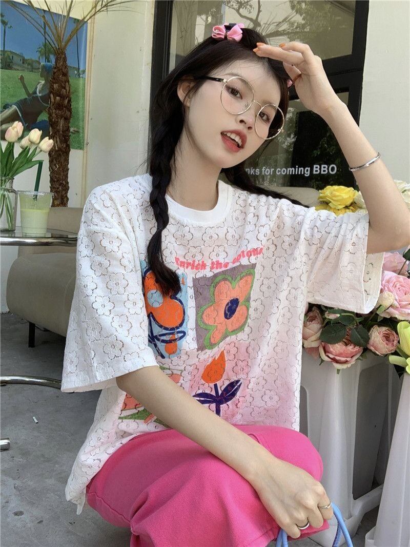 新作 透かし彫り プリント ゆったり 半袖 Tシャツ ins-8089