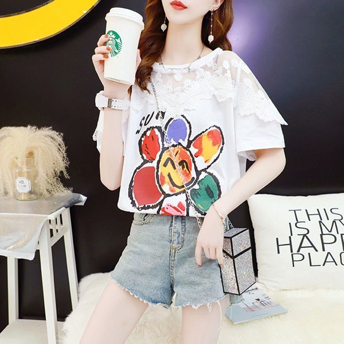 大人可愛い レース 切り替え 透かし彫り プリント全2色 半袖Tシャツ カットソー ins-8560