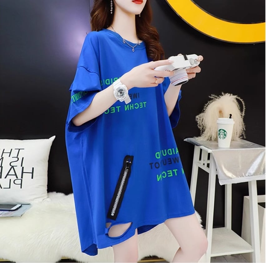 超人気 ゆったりロング丈 ダメージ加工 三色半袖Tシャツins-8107