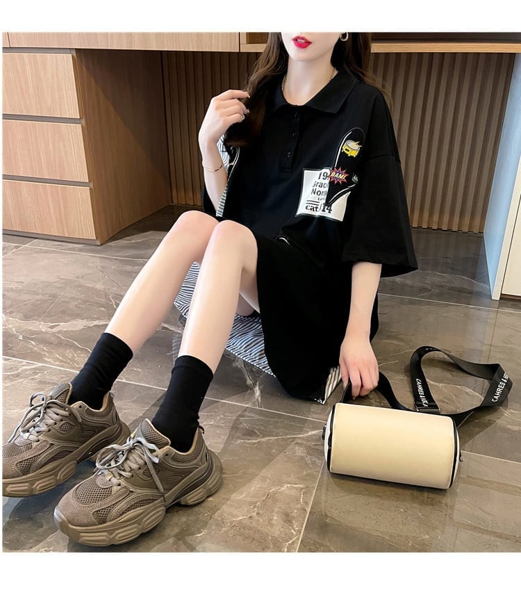POLOネック ストライプ柄 切り替え ロング Tシャツ ゆったりワンピース ins-3031