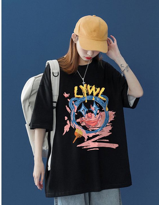 話題沸騰中 カジュアル ゆったり プリント 2色半袖Tシャツins-8159