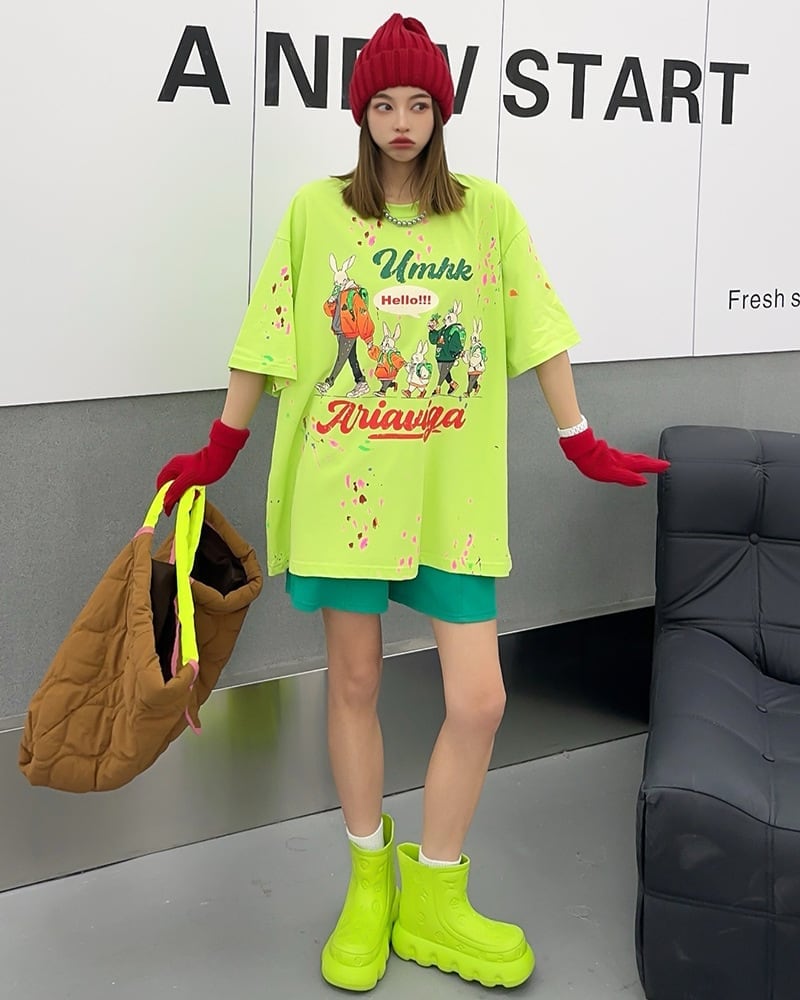 早い者勝ち ファッション キュート ルーズ 落書き風 プリント半袖Tシャツ 全3色ins-4913
