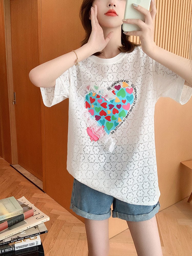 新商品 キュート 透かし彫り ゆったり 半袖Tシャツins-8422