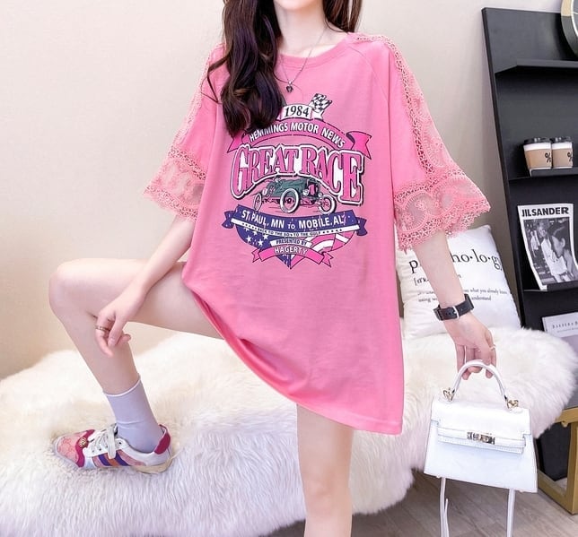 新作 ロング プリントTシャツ 半袖 ピンクins-2810
