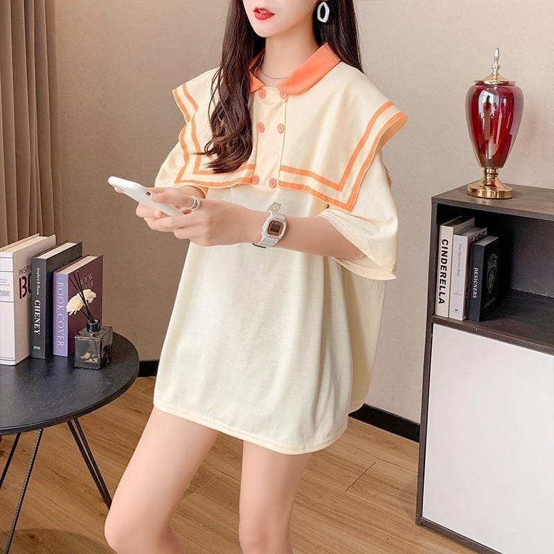 絶対欲しい セーラーカラー ロング Tシャツ 三色 ゆったりワンピースins-4028