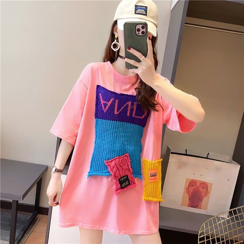 【半額!期間限定!!】ゆったりロング丈切り替え三色半袖Tシャツins-1565