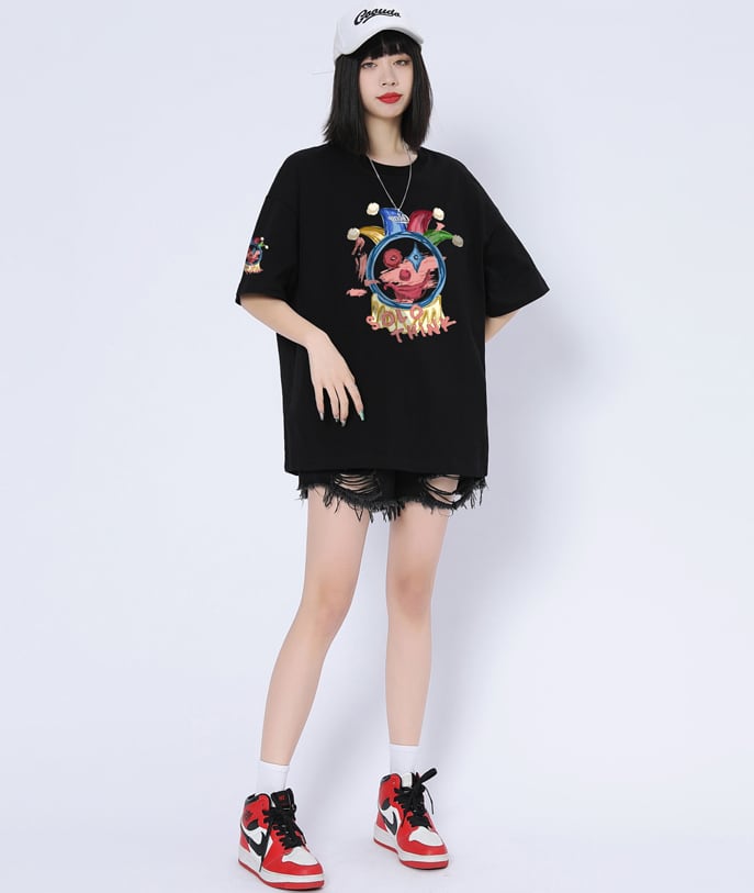 話題沸騰中 カジュアル ゆったり プリント 6色 半袖Tシャツins-8164