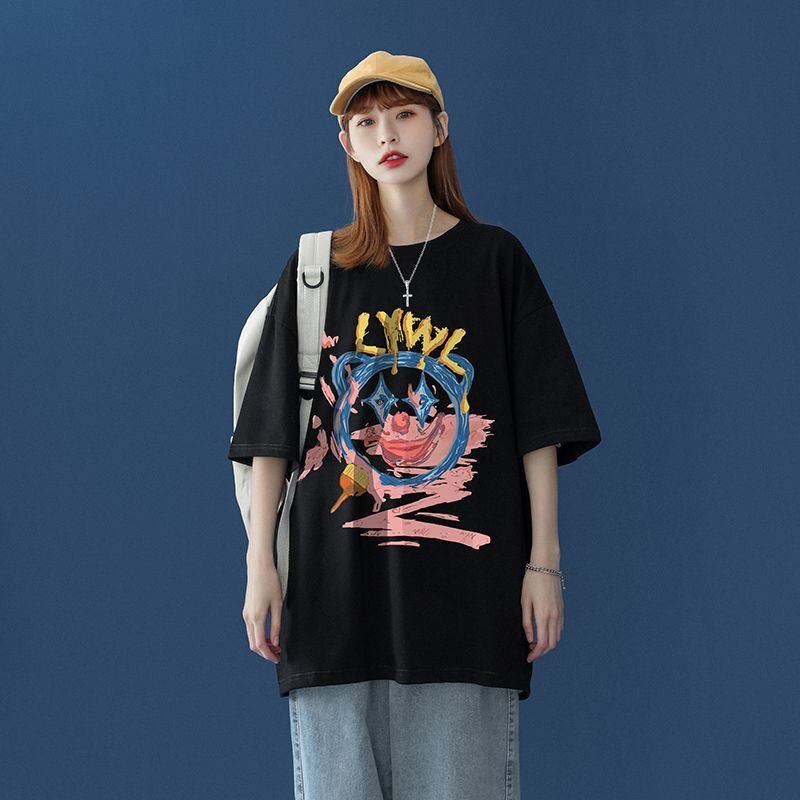話題沸騰中 カジュアル ゆったり プリント 2色半袖Tシャツins-8159