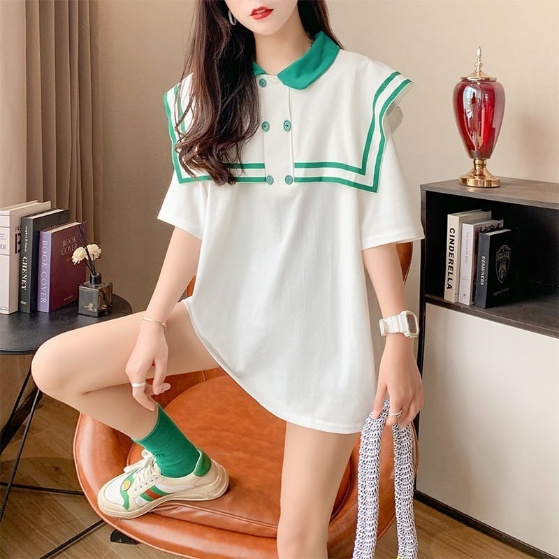 絶対欲しい セーラーカラー ロング Tシャツ 三色 ゆったりワンピースins-4028