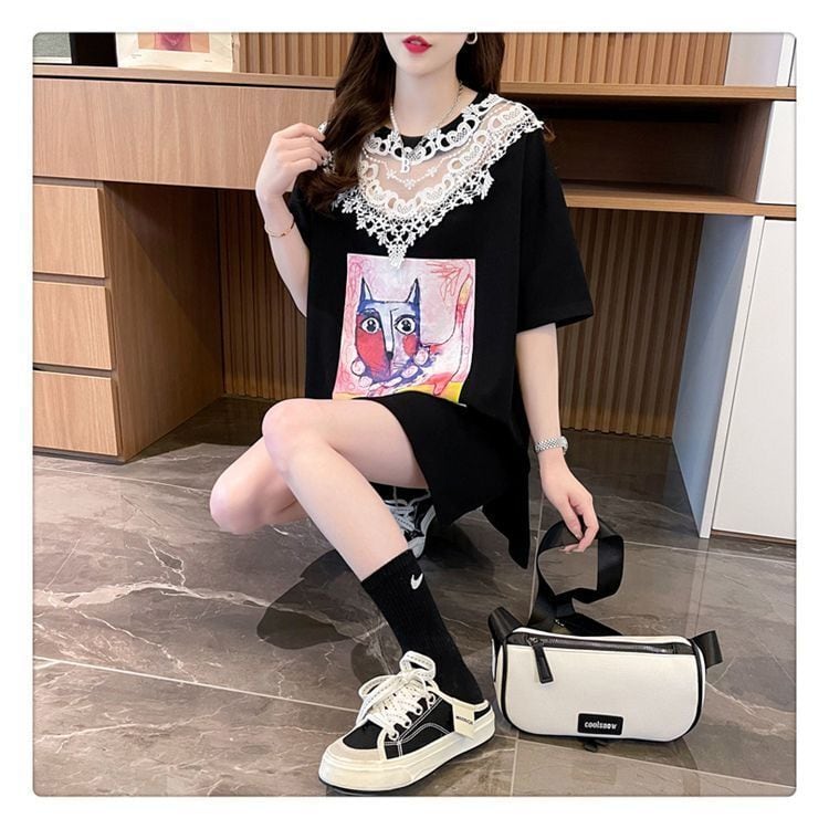 新商品 キュート 透かし彫り レース 切り替え ゆったり 半袖Tシャツins-8472