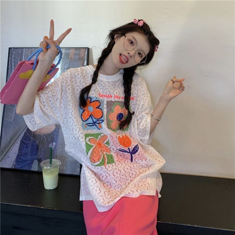 新作 透かし彫り プリント ゆったり 半袖 Tシャツ ins-8089