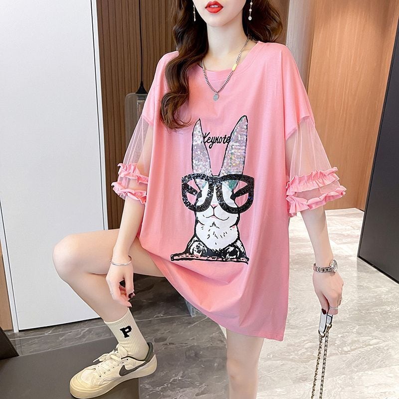 着回し力抜群 新作 チュール 切り替え ピンク プリント スパンコール プリント全3色 半袖Tシャツ カットソー ins-8557