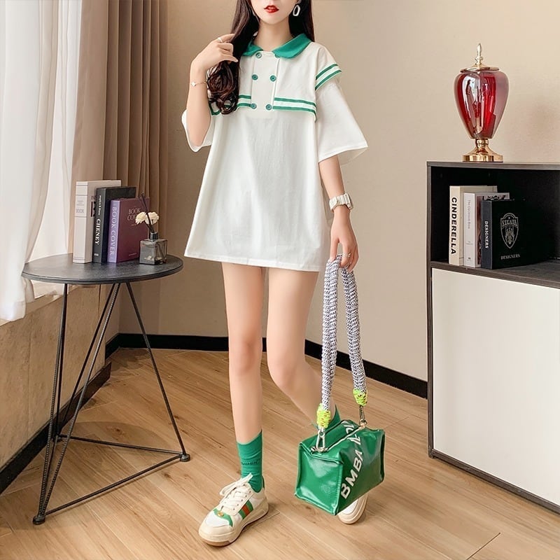 絶対欲しい セーラーカラー ロング Tシャツ 三色 ゆったりワンピースins-4028