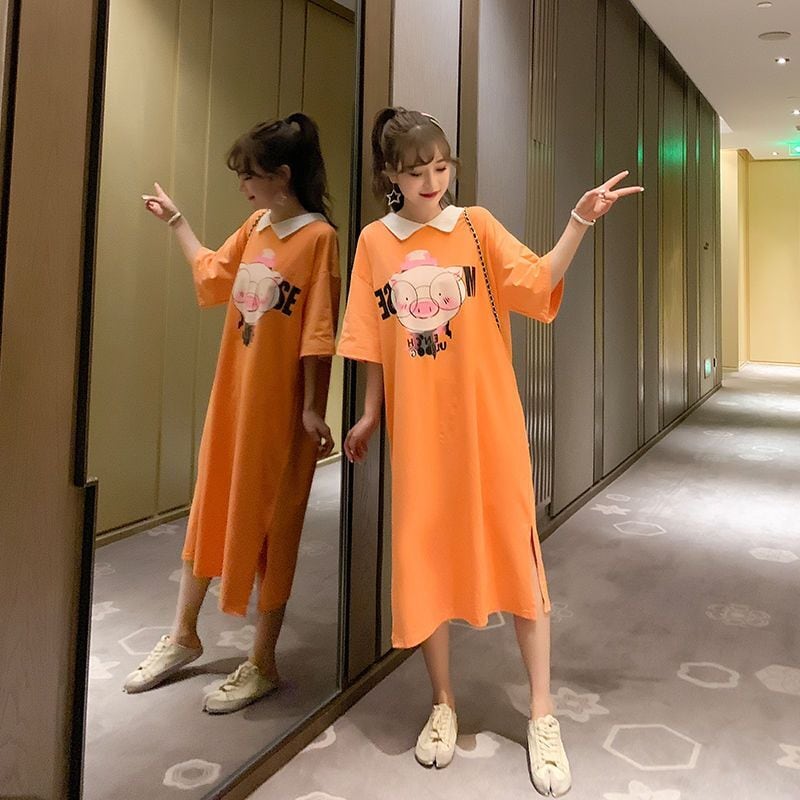 美人度アップ カジュアル プリント 両面着る ワンピースins-8453