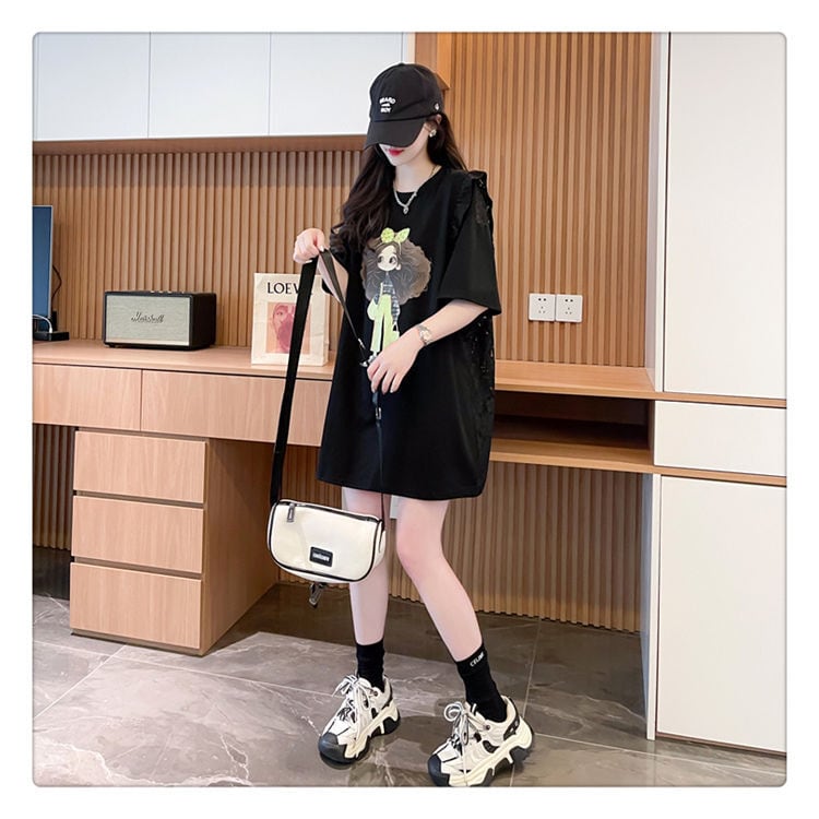 【半額!期間限定!!】着回し力抜群 プリント 切り替え レース 切り替え ゆったり半袖 Tシャツ ins-8527