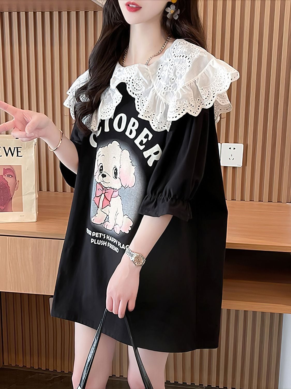 絶対流行 キュートプリント 切り替え ゆったり 5分袖 Tシャツins-8474