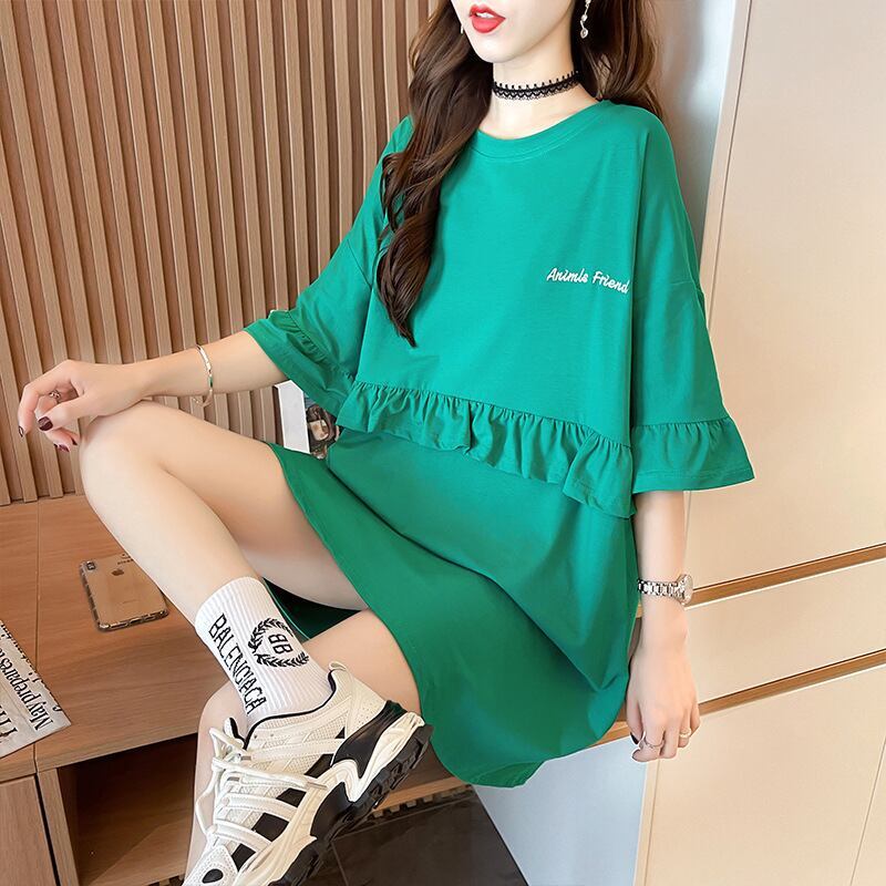 【半額!期間限定!!】合わせやすい フリル 切り替え プリント Tシャツ ゆったりワンピースins-3008