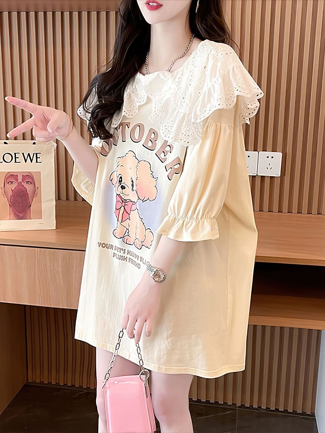 絶対流行 キュートプリント 切り替え ゆったり 5分袖 Tシャツins-8474