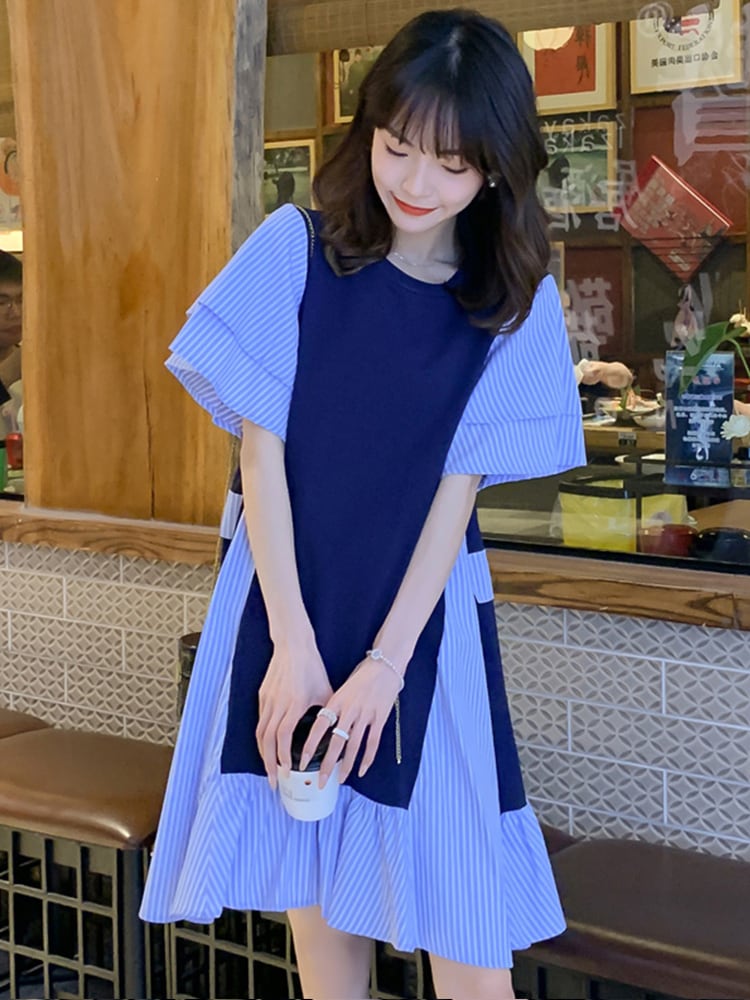 売り切れ必至 ファッション レイヤード風 ストライプ柄 半袖ワンピースins-8206