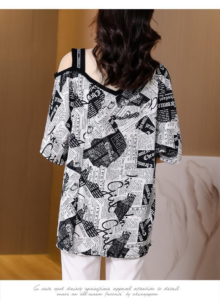 【半額!期間限定!!】絶対流行 個性派 特別デザイン シフォン プリント 半袖Tシャツins-8610