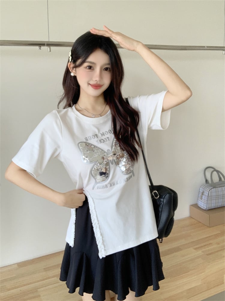 絶対欲しい 超人気 キュート ピンク プリント スパンコール 3色選択 半袖Tシャツins-8570