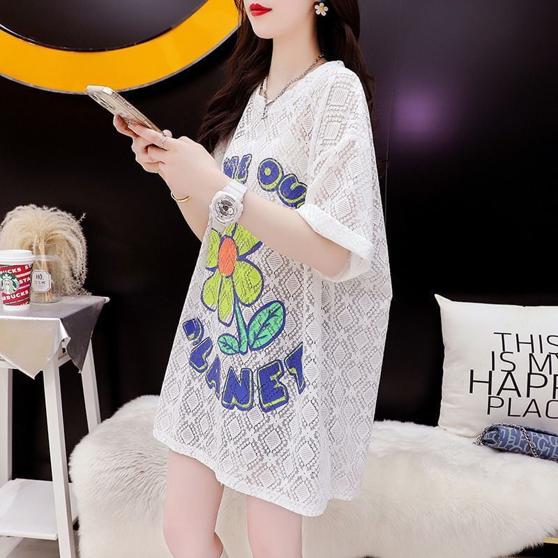 【半額！期間限定！！】新商品 一目惚れ 切り替え 透かし彫り プリント Tシャツ カットソーins-8523