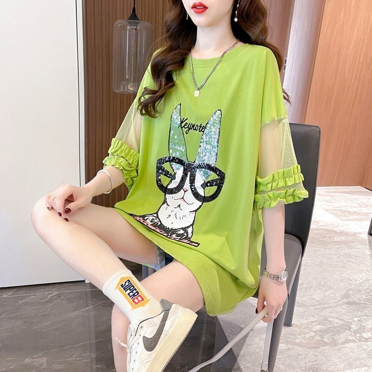 着回し力抜群 新作 チュール 切り替え ピンク プリント スパンコール プリント全3色 半袖Tシャツ カットソー ins-8557