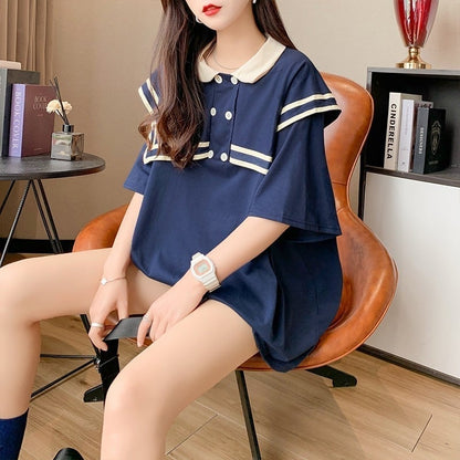 絶対欲しい セーラーカラー ロング Tシャツ 三色 ゆったりワンピースins-4028
