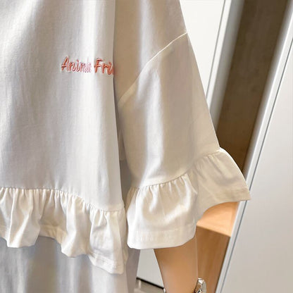 【半額！期間限定！！】合わせやすい フリル 切り替え プリント Tシャツ ゆったりワンピースins-3008