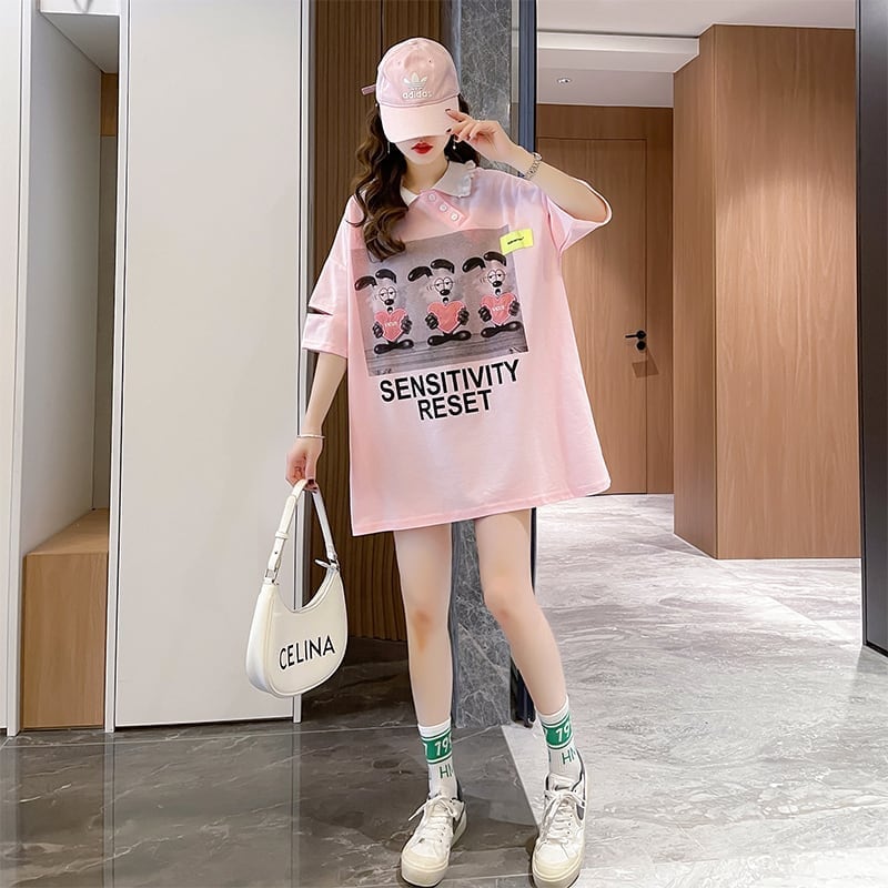 夏新作 POLOネック アルファベットプリント ロング Tシャツ ゆったりワンピース ins-3038