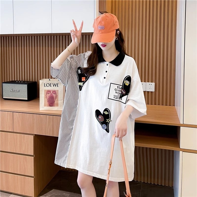 POLOネック ストライプ柄 切り替え ロング Tシャツ ゆったりワンピース ins-3031
