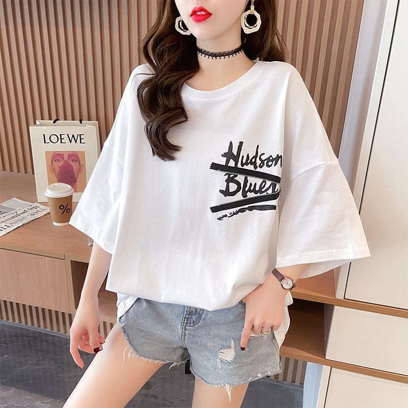 【人気商品再入荷！】 デザイン個性ゆったりミドル丈半袖Tシャツins-3036