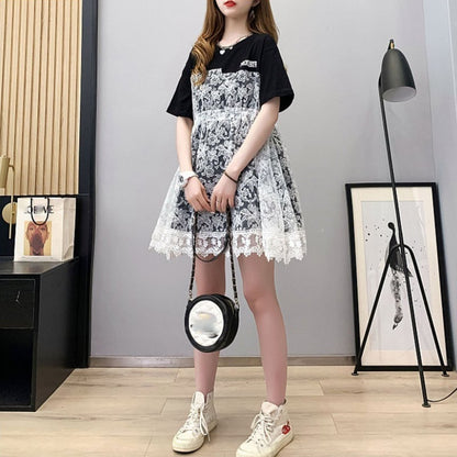 女子マスト レース 切り替え ゆったり 着せ ハイウエスト 半袖 ワンピース　ins-2019