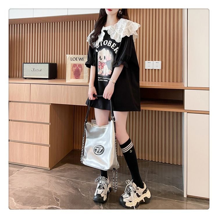 絶対流行 キュートプリント 切り替え ゆったり 5分袖 Tシャツins-8474