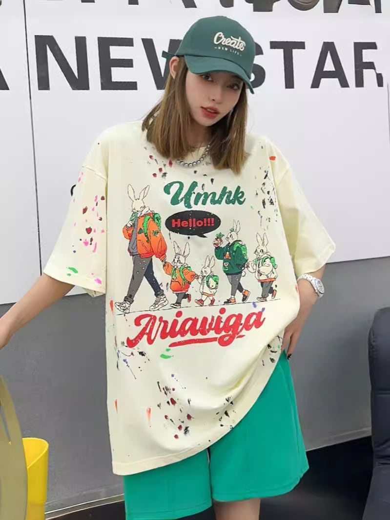 早い者勝ち  ファッション キュート ルーズ 落書き風　プリント半袖Tシャツ 全3色ins-4913