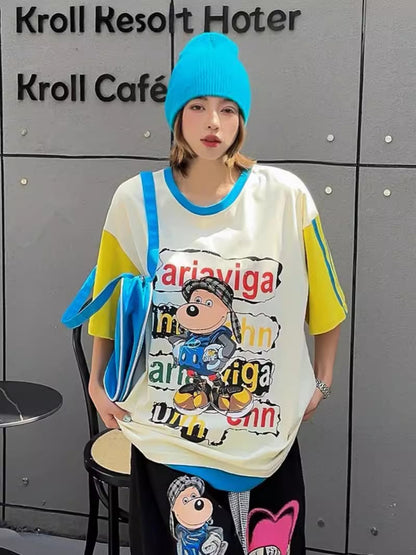 話題沸騰中 カジュアル  ゆったり プリント カラーマッチング 半袖Tシャツins-8067