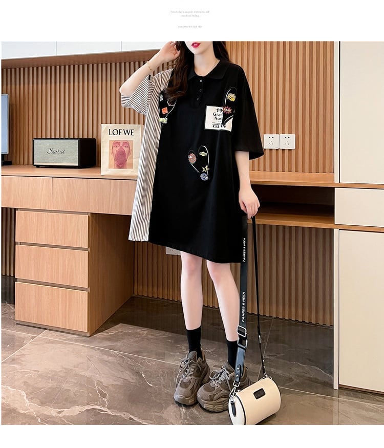 POLOネック ストライプ柄 切り替え ロング Tシャツ ゆったりワンピース ins-3031