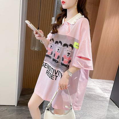 夏新作 POLOネック アルファベットプリント ロング Tシャツ ゆったりワンピース ins-3038