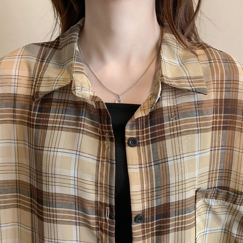 定番シンプル チェック柄 透け感 日焼け対策 全3色 シャツ ins-8544