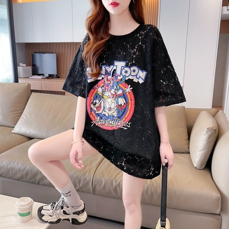 ハイエンドデザインセンスレース中空ルーズミドル丈半袖Tシャツins-3035